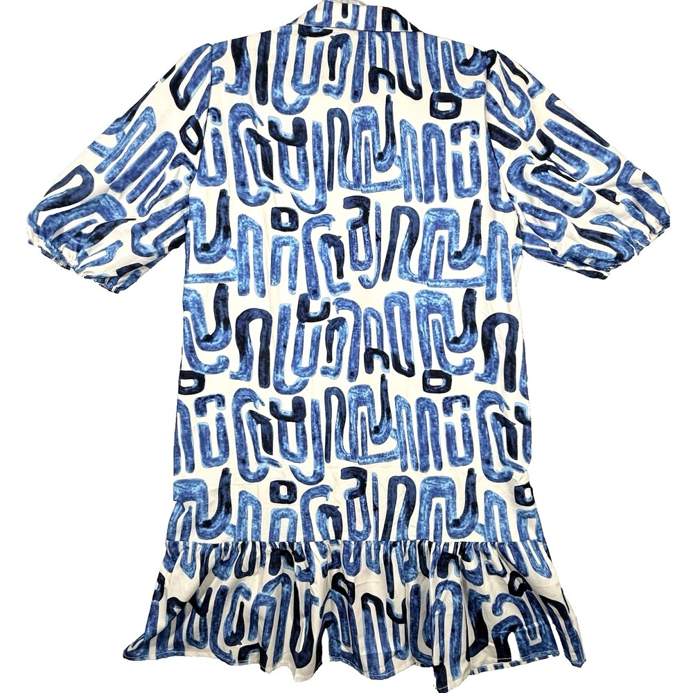 NWOT Geometric Women's Dress Large Mixed Print Blue Colorful Snap Buttons Ruffle - Picture 3 of 7